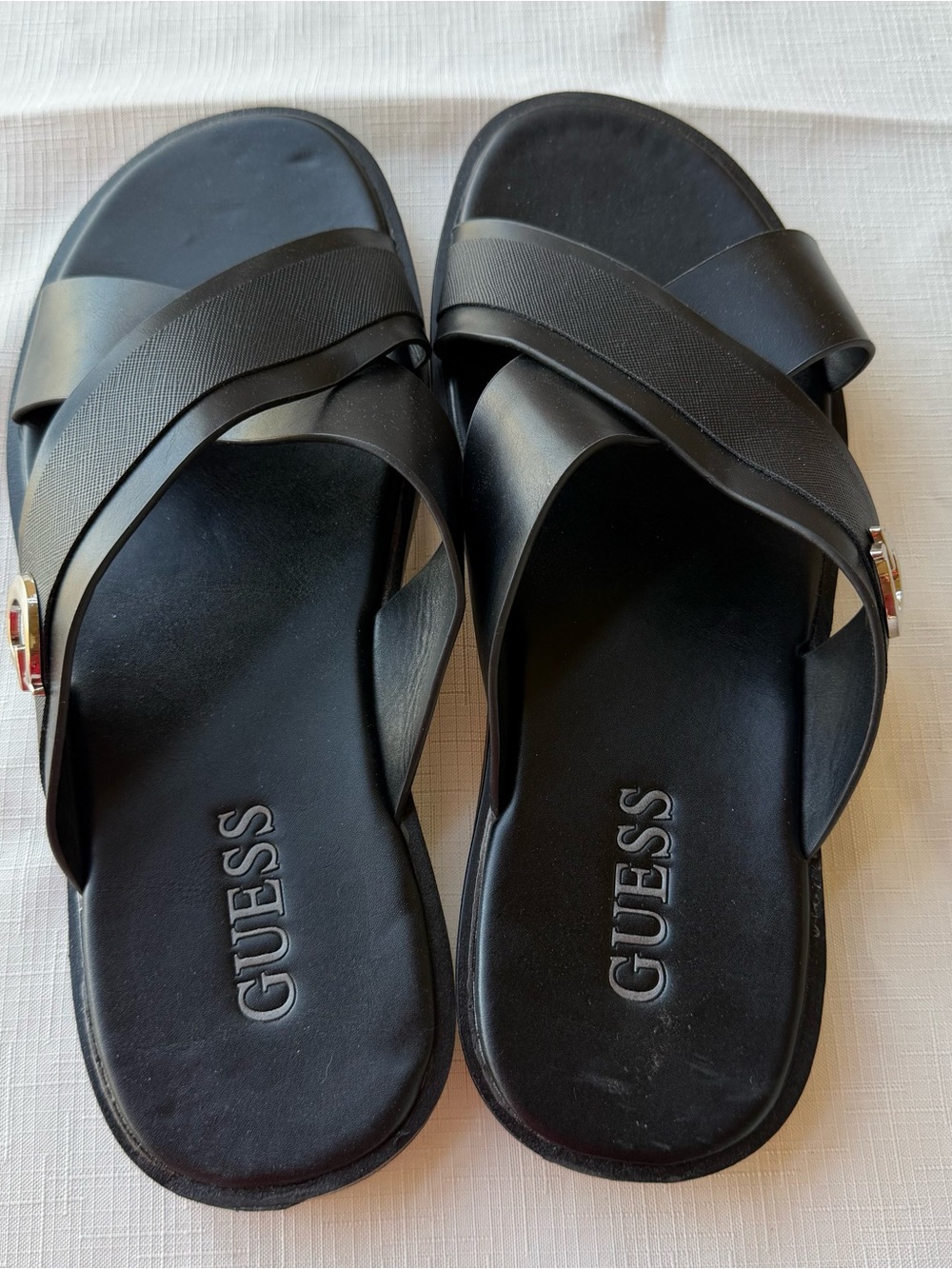 Guess Black Slide Sandals with Gold Logo Accent